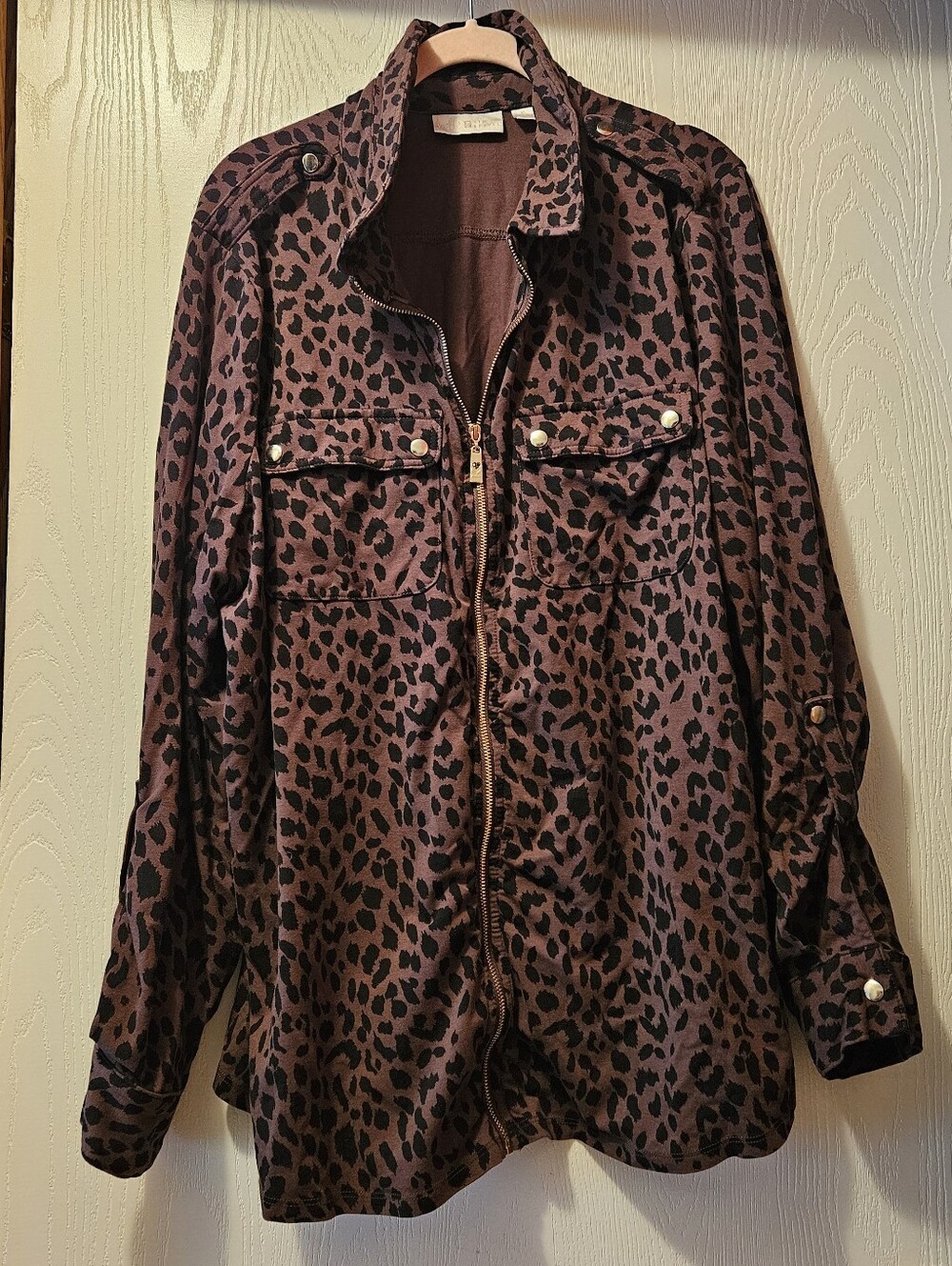 Belle Kim Gravel Brown & Black Leopard Print Full-zip Shacket, Size XL